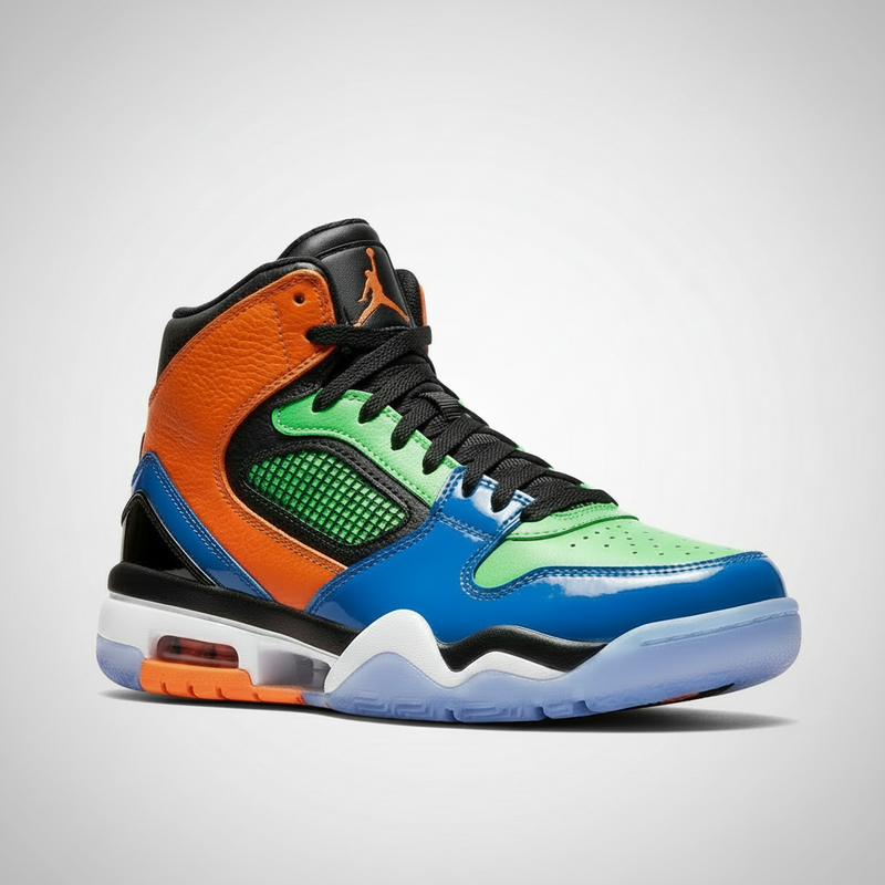 Multicolored sneaker with orange, green, and blue accents on a white background
